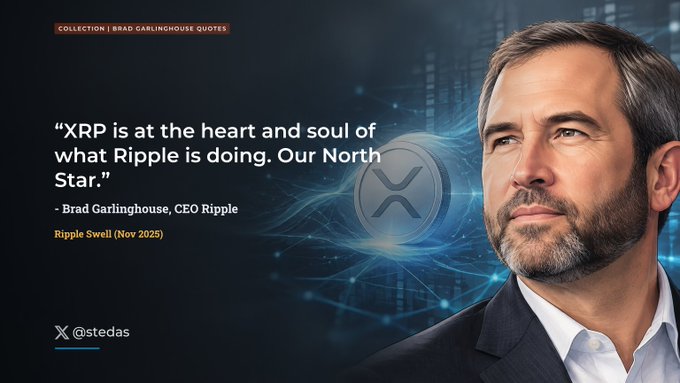 A promotional graphic featuring Brad Garlinghouse, CEO of Ripple, with a quote: 'XRP is at the heart and soul of what Ripple is doing. Our North Star.'