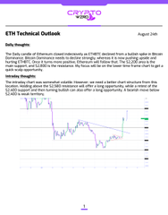 An ETH Technical Outlook document dated August 24th with a 'Daily Insights' section analyzing the daily candle of Ethereum, featuring a price chart with various indicators.