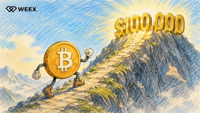An illustrated Bitcoin coin with arms and legs hikes up a mountain trail toward a glowing "$100,000" summit, symbolizing BTC's climb to recover the $100K price level. The image complements the post's question about when Bitcoin will reclaim $100,000.