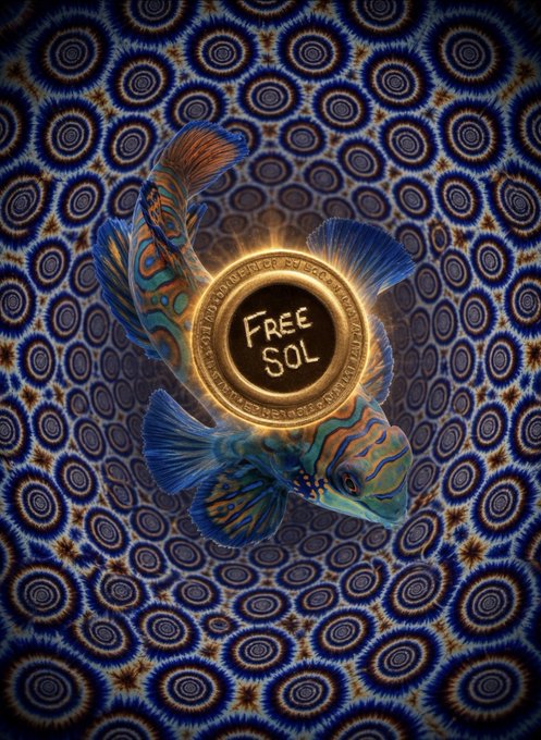 A digital artwork featuring two vibrant blue and orange fish circling a glowing golden coin that reads 'FREE SOL' against a repetitive blue circular pattern background.