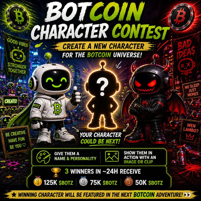 A promotional graphic for the "BOTCOIN CHARACTER CONTEST" featuring a friendly white robot with a Bitcoin hoodie on the left and a menacing red-eyed demonic bot on the right, flanking a mysterious silhouetted character with a question mark. The contest invites submissions of new characters for the BotCoin ($BOTZ) universe, offering prizes of 125K, 75K, and 50K $BOTZ for the top three winners within 24 hours.