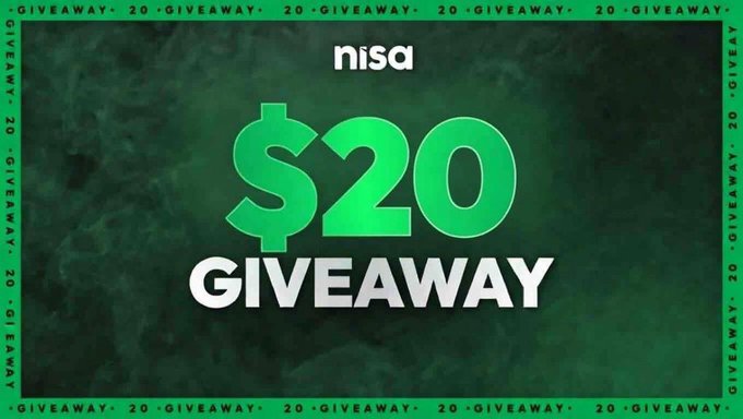 This image announces a "$20 GIVEAWAY" from "nisa," mirroring the post's offer of $20 in $USDT. The repeating text "GIVEAWAY 20" surrounds the central graphic promoting the giveaway.