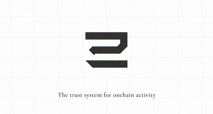 A minimalist logo featuring a stylized geometric symbol above the tagline 'The trust system for onchain activity.'