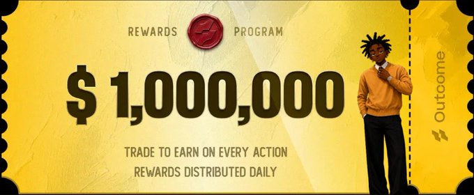 A yellow promotional banner advertising a "Rewards Program" with "$1,000,000" in large text, accompanied by the tagline "Trade to earn on every action, rewards distributed daily" and featuring a stylized illustration of a person wearing sunglasses.