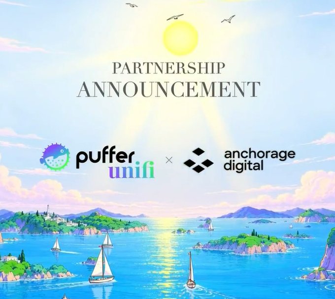 A 'PARTNERSHIP ANNOUNCEMENT' graphic features the logos of Puffer Unifi and Anchorage Digital against an anime-style illustration of a sea and islands.