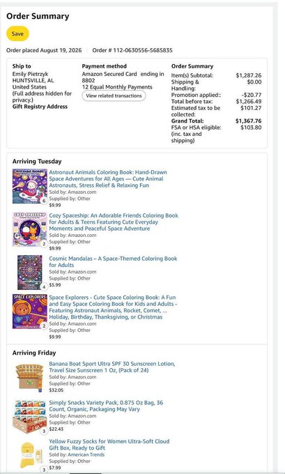 An Amazon order summary screenshot displaying a $1,367.76 purchase made by Emily Pietrzyk on August 19, 2026, containing children's items including astronaut and space-themed coloring books, snacks, and SPF 30 sunscreen lotion, illustrating the fulfilled wishlist for children fighting cancer through the $ASTEROID community's crypto trading fee royalties via @BagsApp.