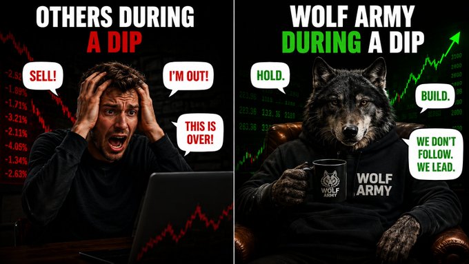 A meme contrasting 'OTHERS DURING A DIP' (panicking, saying 'SELL!') versus 'WOLF ARMY DURING A DIP' (confident wolf saying 'HOLD' and 'WE DON'T FOLLOW. WE LEAD').