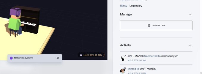A screenshot of an NFT platform showing a 3D avatar playing piano, with a 'TRANSFER COMPLETE!' notification and activity log showing @NFTMAN76 transferring an item to @batsoupyum.