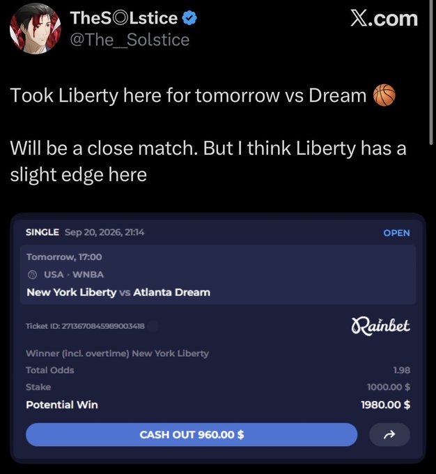 X (Twitter) post from user 'ThesOLstice' (@The__Solstice) showing a sports betting slip from Rainbet for a WNBA game between New York Liberty vs Atlanta Dream, with a stake of $1000 and potential win of $1980, captioned 'Took Liberty here for tomorrow vs Dream'.