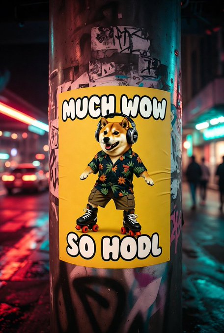 A sticker on a graffiti-covered pole at night featuring a Shiba Inu dog wearing headphones, a Hawaiian shirt, and roller skates, with the text 'MUCH WOW SO HODL'.