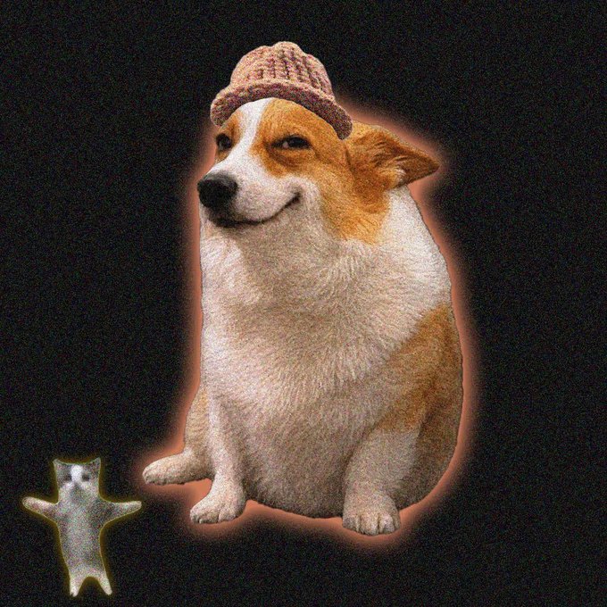 A corgi wearing a knit hat sits next to a small white cat-shaped figure against a black background.