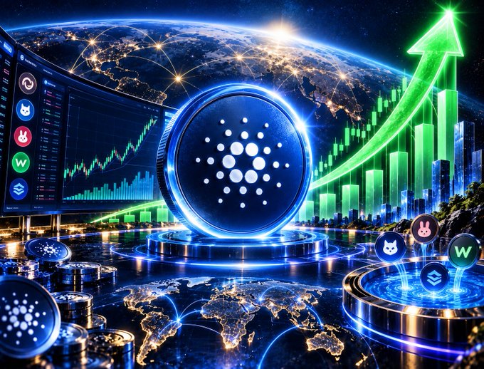 A vibrant digital illustration featuring a large glowing blue Cardano (ADA) coin in the center, surrounded by a futuristic cityscape, global network lines, a world map, trading charts, and a prominent green upward arrow.