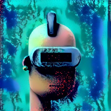 A digital art rendering of a figure wearing a VR headset against a vibrant, abstract teal and blue background with scattered red particles.