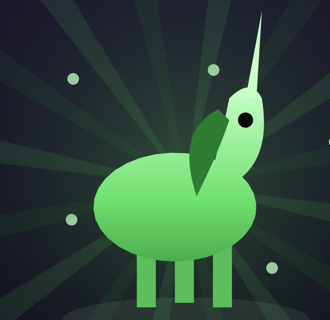 Stylized green cartoon creature with a long horn and a happy expression stands against a dark starry background with radiating light rays.