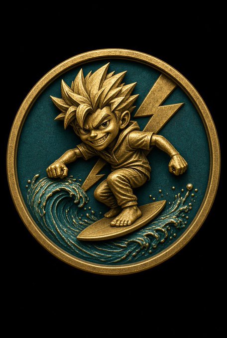 A gold and teal circular medallion features a carved anime-style spiky-haired boy surfing on a wave with a lightning bolt in the background.