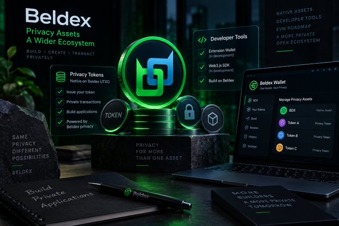 Beldex promotional image highlighting 'Privacy Assets, A Wider Ecosystem' with features like Privacy Tokens, Developer Tools, and a Beldex Wallet displayed on a laptop.