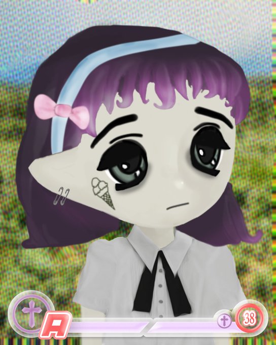 A digital illustration of an anime-style character with dark purple hair, a pink bow headband, large expressive eyes, an ice cream cone design on her cheek, wearing a white collared shirt with a black ribbon, against a glitchy colorful background.