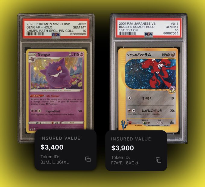 Two PSA-graded Gem Mint 10 Pokémon cards displayed: a 2020 Gengar Holo valued at $3,400 and a 2001 Japanese Scizor Holo valued at $3,900.