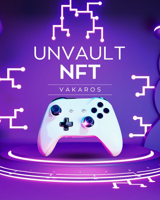 A purple neon-lit promotional graphic titled 'UNVAULT NFT VAKAROS' featuring a 3D-rendered white gaming controller displayed on a circular platform, surrounded by glowing circuit-board patterns.