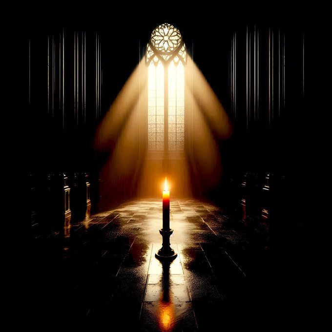 A single lit candle sits in a dark cathedral, with golden light streaming through a stained-glass rose window above it.
