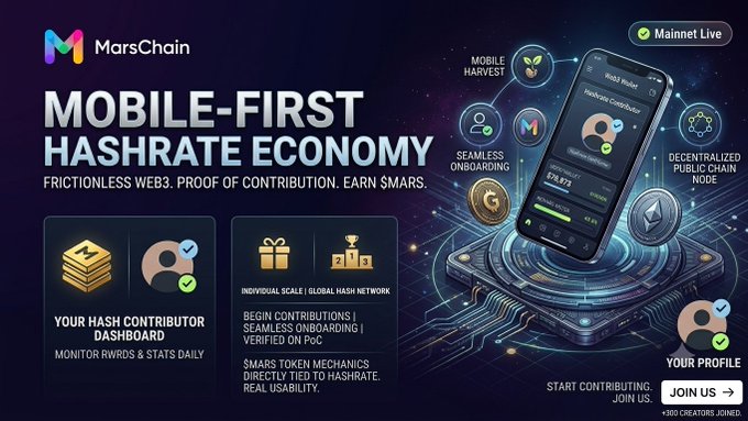 A promotional banner for MarsChain advertising a 'MOBILE-FIRST HASHRATE ECONOMY' with features like Mobile Harvest, Seamless Onboarding, and Decentralized Public Chain Node, encouraging users to join with 300+ creators.