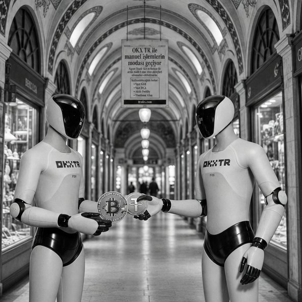Two white humanoid robots branded "OKX TR" stand in an elegant, arched shopping arcade, jointly holding a Bitcoin token (₿). A hanging sign above them advertises automated trading modes, visually reinforcing the post's message about OKX TR's trading bots handling the work so users can focus on strategy.