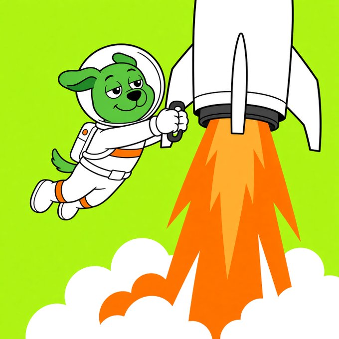 A cartoon illustration of a green dog character in a white astronaut suit pulling the lever of a launching rocket against a green background.