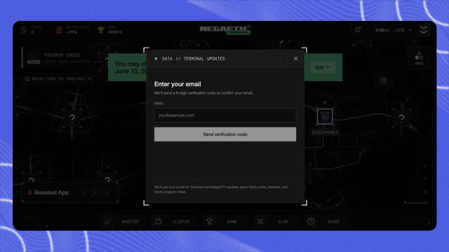 The image shows a computer screen with a blue background, displaying an email prompt asking for user input. The prompt instructs the user to enter their email address before proceeding further. The text "MegaETH Terminal Program Update" can be seen at the top of the image, which might suggest that there is a new update or feature available on the MegaETH terminal program.