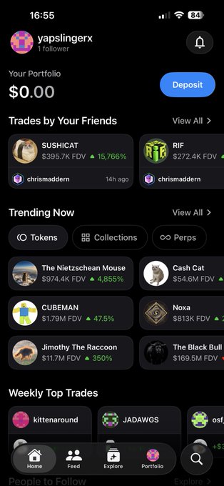 Mobile app screenshot of a trading/crypto portfolio platform showing username 'yapslingerx' with 1 follower, portfolio value $0.00, sections for 'Trades by Your Friends' (SUSHICAT, RIF), 'Trending Now' tokens (The Nietzschean Mouse, Cash Cat, CUBEMAN, Noxa, Jimothy The Raccoon, The Black Bull), and 'Weekly Top Trades'.