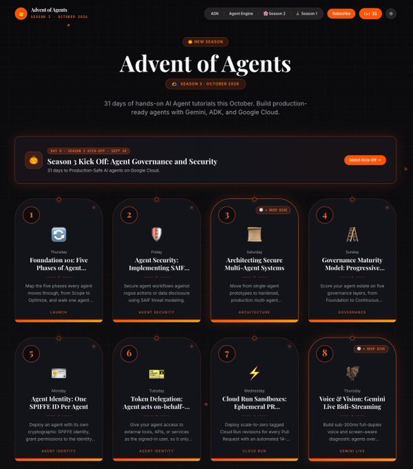 The image displays a Google Cloud promotional webpage for "Advent of Agents Season 3 - October 2026," featuring a dark-themed advent calendar layout with eight numbered tutorial cards (Days 1-8) covering topics like Foundation 101, Agent Security, Architecting Multi-Agent Systems, Governance Maturity, Agent Identity, Token Delegation, Cloud Run Sandboxes, and Gemini Live Bidi-Streaming, with tags such as AGENT SECURITY, ARCHITECTURE, and CLOUD RUN. This visual reinforces the post's announcement of 31 free tutorials on production-ready AI agents available at adventofagents.com.