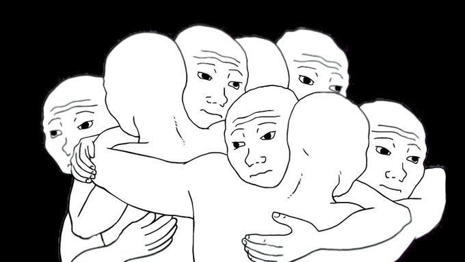 A group of faceless, expressionless figures huddle closely together, evoking the emotionless "Wojak" meme characters. The image relates to the post by illustrating the concept of community and sharing, reinforcing the message of referring friends on Bitstack to earn Bitcoin rewards.