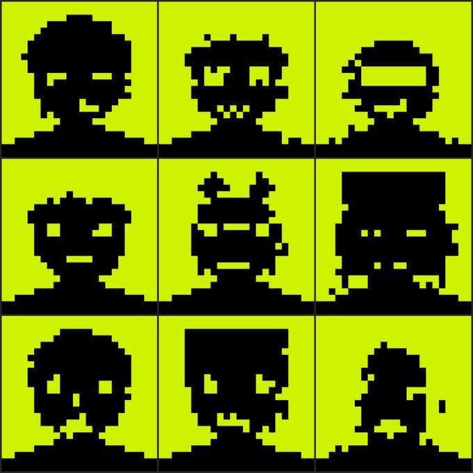 A grid of nine black pixel-art character sprites in various poses is displayed on a bright yellow background.