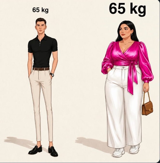 An illustrated comparison showing a slim man and a curvy woman, both labeled '65 kg', wearing different outfits — he in a black polo and beige pants, she in a pink blouse and white pants — illustrating how the same weight can look different on different body types.