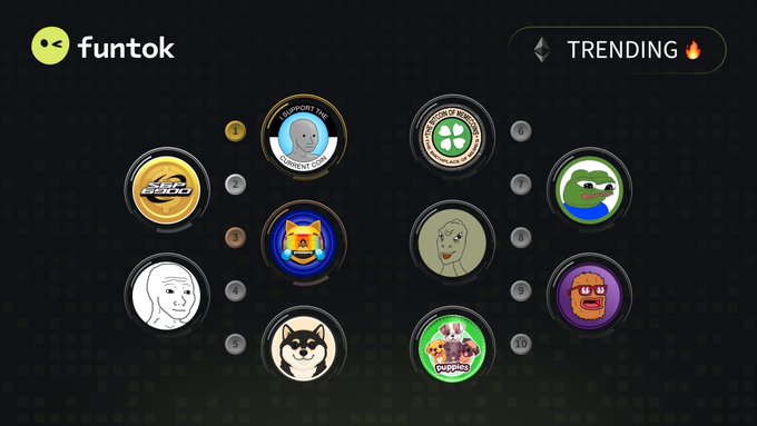A screenshot of the Funtok app showing a TRENDING section with 10 ranked meme coins including FIGHTFISH, CLONE OF MEMES, and DOGECOIN.