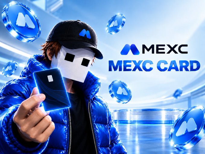 A blue MEXC advertisement shows a masked person in a shiny blue jacket holding a card, surrounded by MEXC token-like coins; visible text reads “MEXC” and “MEXC CARD.”