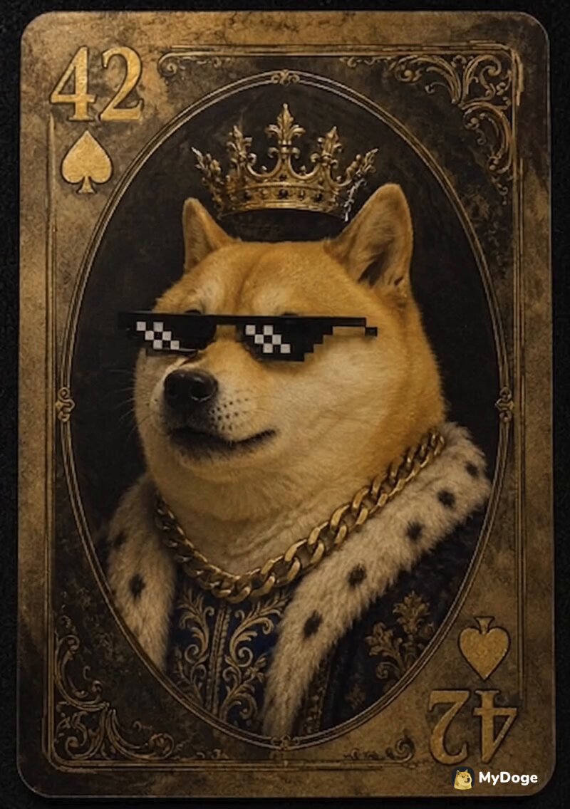 The image features a card with a dog wearing sunglasses, a crown, and a chain around its neck, all set against a black background. The text "42" is written above the dog's head, while the phrase "Never underestimate a meme." is written below the dog. This combination of elements creates an interesting and humorous visual that can be related to the post about memes.