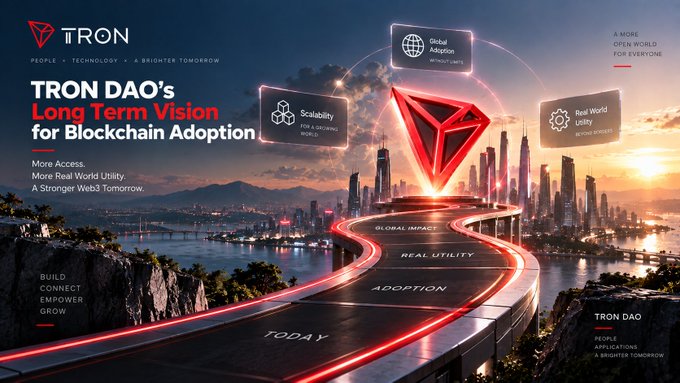 A promotional banner for TRON DAO displays 'TRON DAO's Long Term Vision for Blockchain Adoption' with bullet points 'More Access, More Real World Utility, A Stronger Web3 Tomorrow' and floating icons for Global Adoption, Scalability, and Real World Utility.