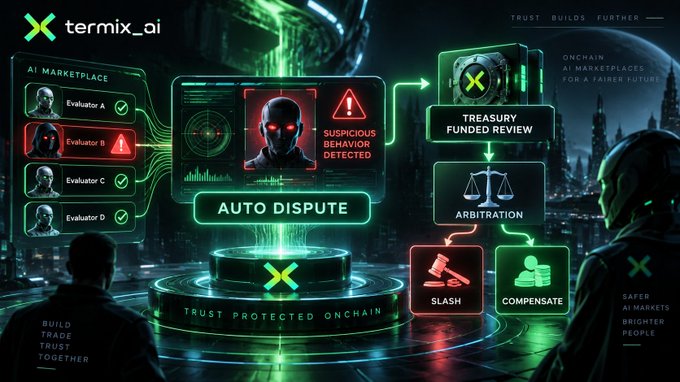 A promotional graphic for 'termix_ai' depicting an AI marketplace with evaluators, auto dispute system, treasury funded review, arbitration, slash, and compensate features, with the tagline 'TRUST PROTECTED ONCHAIN'.