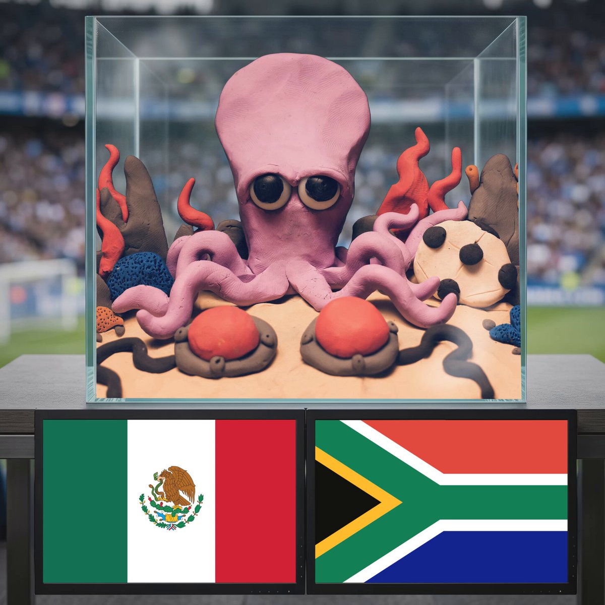 The image features a glass display case with two flags inside - one representing Mexico, and another representing South Africa. The flags are placed next to each other, creating an interesting visual contrast between the two countries' national symbols.