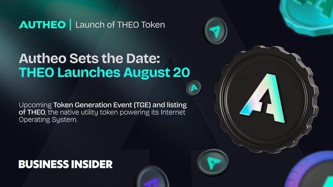 A promotional graphic for Autheo announcing 'THEO Launches August 20' as the launch of their native utility token for an Internet Operating System, featuring a coin with the 'A' logo.