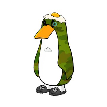 A cartoon illustration of a penguin wearing a green camouflage hoodie and matching slippers, with a cracked egg resting on top of its head.