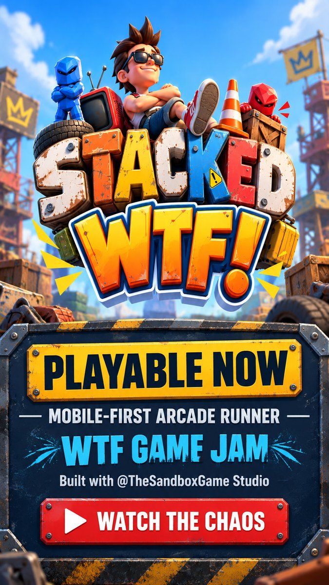 A vibrant mobile game advertisement titled 'STACKED WTF!' for a 'Mobile-First Arcade Runner' built with The Sandbox Game Studio, featuring a cartoon character, robots, and a 'PLAYABLE NOW' banner.