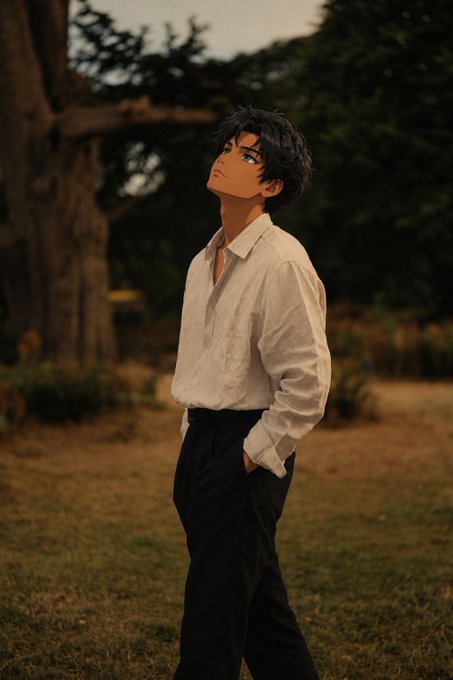 An anime-style 3D rendered character with dark hair and green eyes wearing a white dress shirt and black pants stands outdoors in a grassy field with trees in the background.