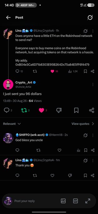 A screenshot of an X (Twitter) post by 'Lina @Lina_CryptoA' asking for ETH on the Robinhood network, quoting a post by 'Crypto_Art @Uncle_Artie' that says 'I just sent you 96 dollars'.
