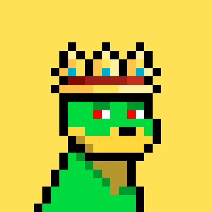 A pixel art illustration of a green character with red and white eyes wearing a gold crown, set against a solid yellow background.