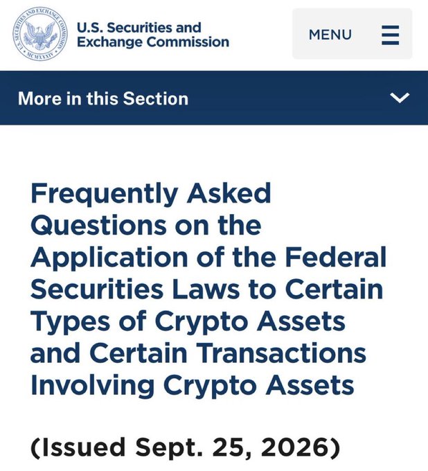 U.S. Securities and Exchange Commission webpage header titled 'Frequently Asked Questions on the Application of the Federal Securities Laws to Certain Types of Crypto Assets and Certain Transactions Involving Crypto Assets (Issued Sept. 25, 2026).'
