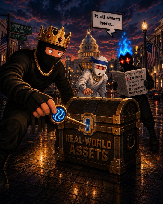 A digital illustration depicting masked figures attempting to unlock a chest labeled "REAL-WORLD ASSETS" in front of the U.S. Capitol, with speech bubbles reading "It all starts here.." and a newspaper headline "DC DAILY HERALD: BREAKING: Injectus is now an official SEC-registered transfer agent!"