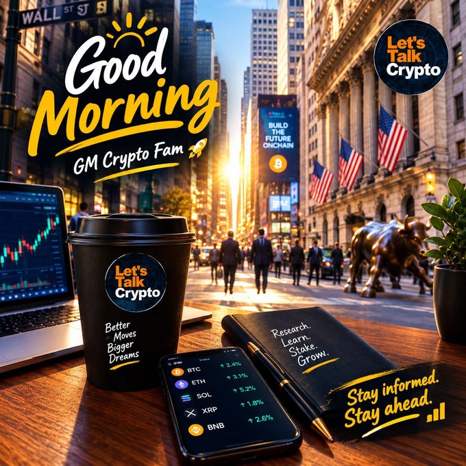 A promotional graphic titled "Good Morning GM Crypto Fam" featuring "Let's Talk Crypto" branding, a coffee cup, and a phone showing crypto prices for BTC, ETH, SOL, XRP, and BNB.