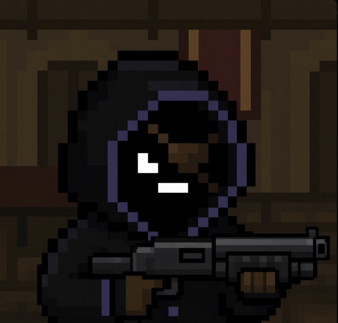 A pixel art character wearing a dark hood and tactical gear holds a rifle, with only their white rectangular eyes visible in the shadows.