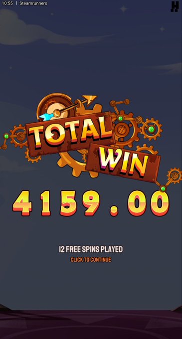 A screenshot from the Steamrunners slot game displaying a "TOTAL WIN" of $4,159.00 after 12 free spins. This visual evidence of a major payout supports the claim of a big win on the casino platform.